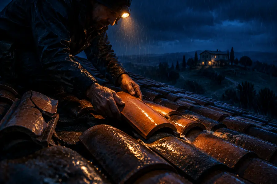 Couvreur au travail de nuit